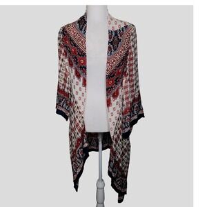 Blue Rain Kimono Medium White‎ Red Blue Print Open Front Bohemian Cover Up